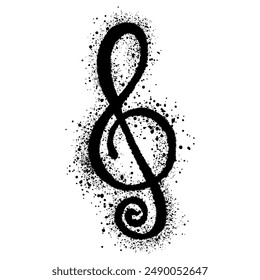 Treble clef in grunge texture, Black Ink brush drawn treble clef on the white background.