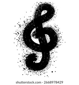 Treble clef in grunge texture, Black Ink brush drawn treble clef on the white background.