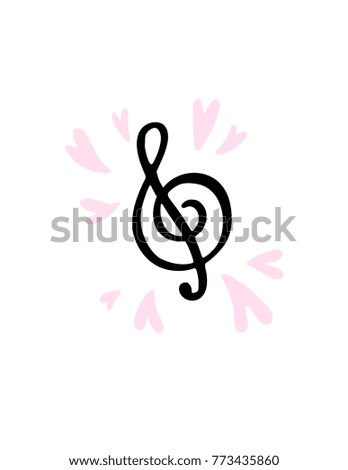 Treble clef hand drawn musical icon. Expressive unique ink drawing for wall decoration, poster, card, t-shirt design. Vector stock image.