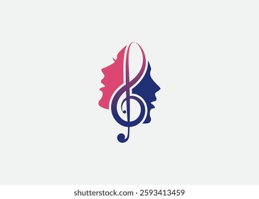 Treble Clef with head, Singer Vocal Choir with Music Notes , Singing Karaoke Woman Face Silhouette logo design