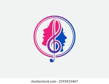 Treble Clef with head, Singer Vocal Choir with Music Notes , Singing Karaoke Woman Face Silhouette logo design