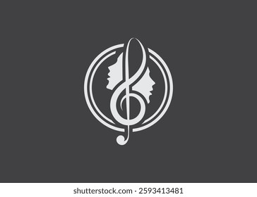 Treble Clef with head, Singer Vocal Choir with Music Notes , Singing Karaoke Woman Face Silhouette logo design