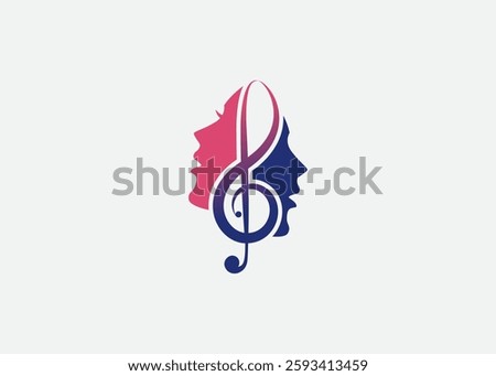 Treble Clef with head, Singer Vocal Choir with Music Notes , Singing Karaoke Woman Face Silhouette logo design