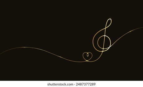 Treble Clef with Heart. Musical note heart. One line art. Song Element Icon. Love music composition concept. Hand drawn continuous contour drawing outline. Romantic song. Vector illustration. Gold.
