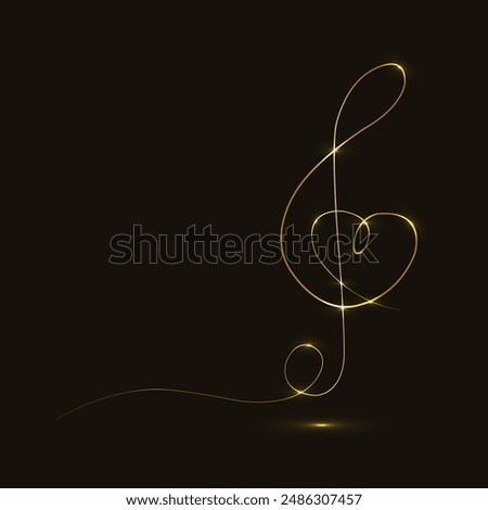 Treble Clef And Heart. Musical note heart. One line art. Song Element Icon. Love music composition concept. Hand drawn continuous contour drawing. Romantic song. Gold. Vector illustration. Line art.