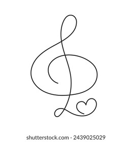 Treble clef and heart one line art,hand drawn continuous contour outline.Love music composition concept,minimalist romantic design,song for Valentines day February 14.Editable stroke.Isolated.Vector 