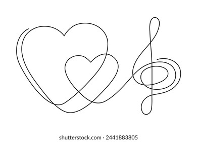 Treble clef and heart one line art,hand drawn continuous contour outline.Love music composition concept,minimalist romantic design,song for Valentines day February 14.Editable stroke.Isolated.Vector 