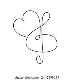 Clef de agudos y corazón una línea de arte, dibujado a mano contorno contorno continuo. Concepto de composición de música de amor, diseño romántico minimalista, canción para el día de San Valentín 14 de febrero. Trazo editable. Aislado. Vector 