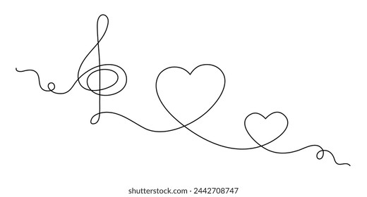 Treble clef and heart one line art,hand drawn continuous contour outline.Love music composition concept,minimalist romantic design,song for Valentines day February 14.Editable stroke.Isolated.Vector 