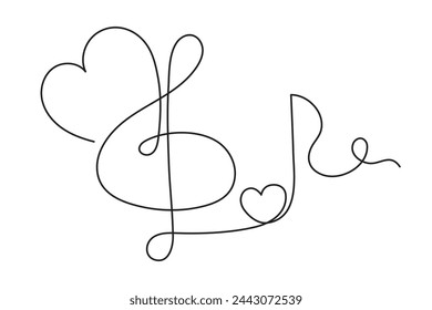 Treble clef and heart one line art,hand drawn continuous contour outline.Love music composition concept,minimalist romantic design,song for Valentines day February 14.Editable stroke.Isolated.Vector 