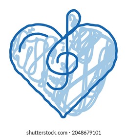 Treble Clef and Heart Song Element sketch vector de icono. Dibujo de la línea de doodle azul dibujado a mano ilustración de símbolo aislado