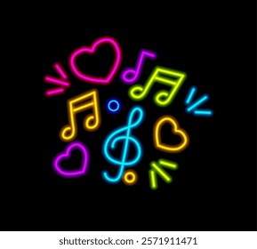 Treble clef with hearts and circles with neon light effect. Vector stand or wall decoration for festival. Musical store and school emblem. Night club signboard. Karaoke bar or concert entertainment