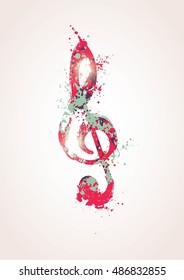 Treble clef icon drawing. Expressive watercolor style. Vector illustration