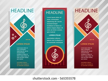 Treble clef icon on vertical banner. Modern abstract flyer, banner, brochure design template.