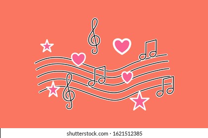 Treble clef icon in orange background. This abstract treble clef vector has two treble clef. This abstract treble clef consists of hearts and musical notes.