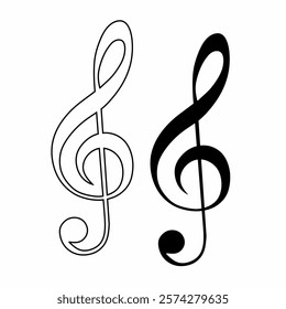 Treble clef icons in outline and silhouette styles with elegant curves and musical design.