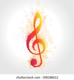 Treble clef illustration with brush strokes and colors. Colors with watercolor effect. Vector.
