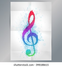 Treble clef illustration with brush strokes and colors. Colors with watercolor effect. Vector.
