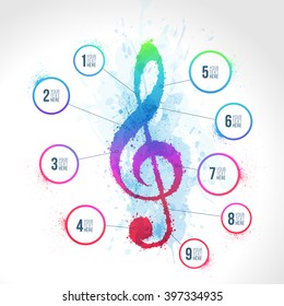 Treble clef illustration with circles for your text. Colors with watercolor effect. Vector.