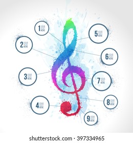 Treble clef illustration with circles for your text. Colors with watercolor effect. Vector.
