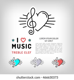 Treble clef isolated icon, Musical note and heart, the concept symbols of love for music. Vector logos in modern art thin line style, card template, poster or banner