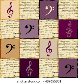 Treble clef and lettering on squared background. Seamless Classical music background