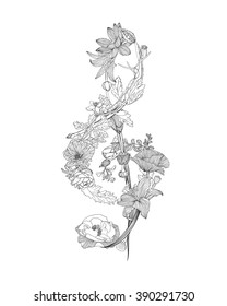 treble clef of linear flowers. Romantic music symbol