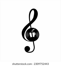 Treble clef logo design combination with music accompaniment and a cup of hot coffee.