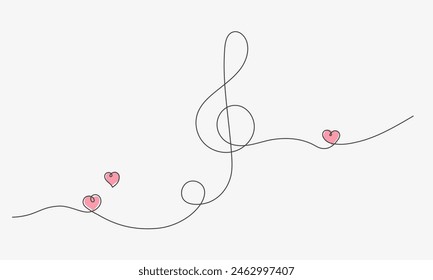 Treble clef with love hearts one line drawning. Love melody, sweet song. Continuous Music note icon. Thin line of treble clef and hearts. Vector illustration