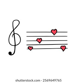 Treble clef with love hearts one line drawning. Love melody, sweet song. Continuous Music note icon. Thin line of treble clef and hearts. Vector illustration