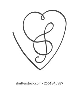 Treble clef with love hearts thin line illustration. Love melody, sweet song sign. Vector illustration