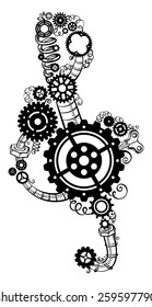 Treble clef made of gears. Treble clef of various  gears, pipes and springs. Isolated on white background. 