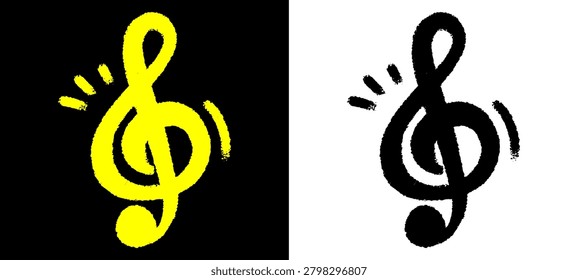 Treble clef music note hand drawn chalk doodle. Audio g clef sound symbol with sonic burst effect lines featuring rough blackboard crayon brush strokes for song presentation layout asset clip art.