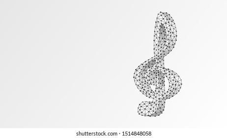 Treble clef. Music note, melody key, classic g clef, festival poster or banner concept. Abstract, digital, wireframe, low poly mesh, vector white origami 3d illustration. Triangle, line, dot