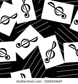 Treble Clef mit Musikblättern und Fleck. Nahtloses Muster. Vektorbild. 