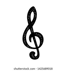 Treble clef music sign. Vector black vintage illustration. Isolated on white background