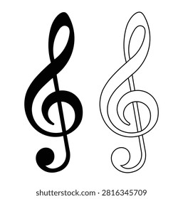 Treble Clef Music Symbol Black and Outline Vector Illustration