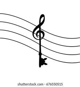 treble clef for music vector on black & white background. Key isolated with lines & rows like waves. Musical notes flat design like key cartoon. 