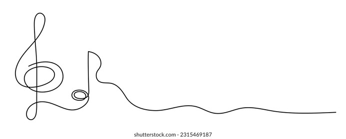 Treble clef y nota musical de una línea de arte, contorno continuo dibujado a mano. Concepto creativo artístico, diseño de plantilla minimalista. Trazo editable. Aislado. Ilustración del vector