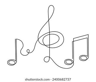 Treble clef and musical note one line art, hand drawn continuous contour. Artistic creative concept, minimalist template design. Editable stroke. Isolated. Vector illustration