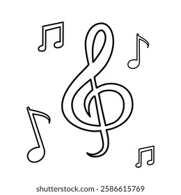 Treble Clef and Musical Notes Line Art Illustration for Coloring Pages and Music Education