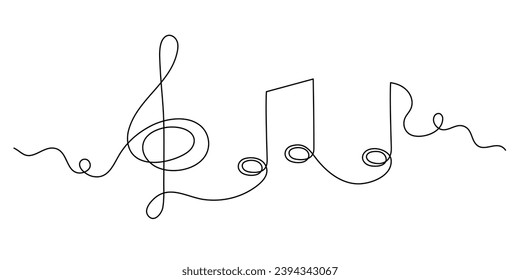 Treble clef and musical notes one line art, hand drawn continuous contour. Artistic creative concept, minimalist template design. Editable stroke. Isolated. Vector illustration