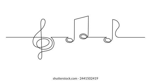 Treble clef and musical notes one line art, hand drawn continuous contour outline.Love music composition concept,minimalist template melody art design.Editable stroke.Isolated.Vector illustration