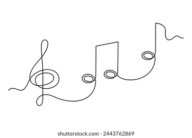 Treble clef and musical notes one line art, hand drawn continuous contour outline.Love music composition concept,minimalist template melody art design.Editable stroke.Isolated.Vector illustration