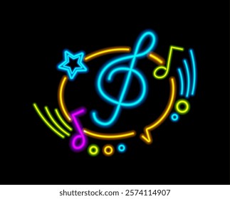 Treble clef with musical notes with star and circles in speech bubble with neon light effect. Vector realistic night club badge or signboard. Karaoke bar entertainment, nightlife activities