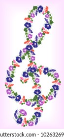 Treble clef for a musician with a pattern of folded colors of blue, pink and purple with green leaves and wavy stems in vector