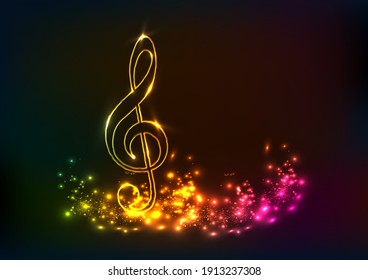 Treble clef. Neon music sign. Musical note vector illustration.	