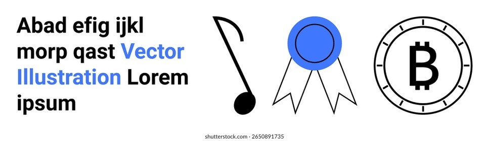 Treble clef note, blue award ribbon, Bitcoin coin icon, and example text in a modern style ideal for digital communications, educational content, financial services, and design projects. Landing page