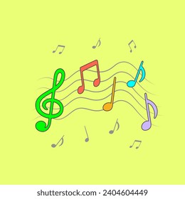 Treble clef and note icons on the background of a fragment of a kind music notebook on a yellow or beige square background. Music and education. Vecto