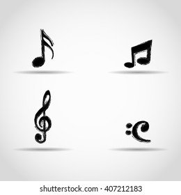 treble clef, notes, bass clef. grunge design
